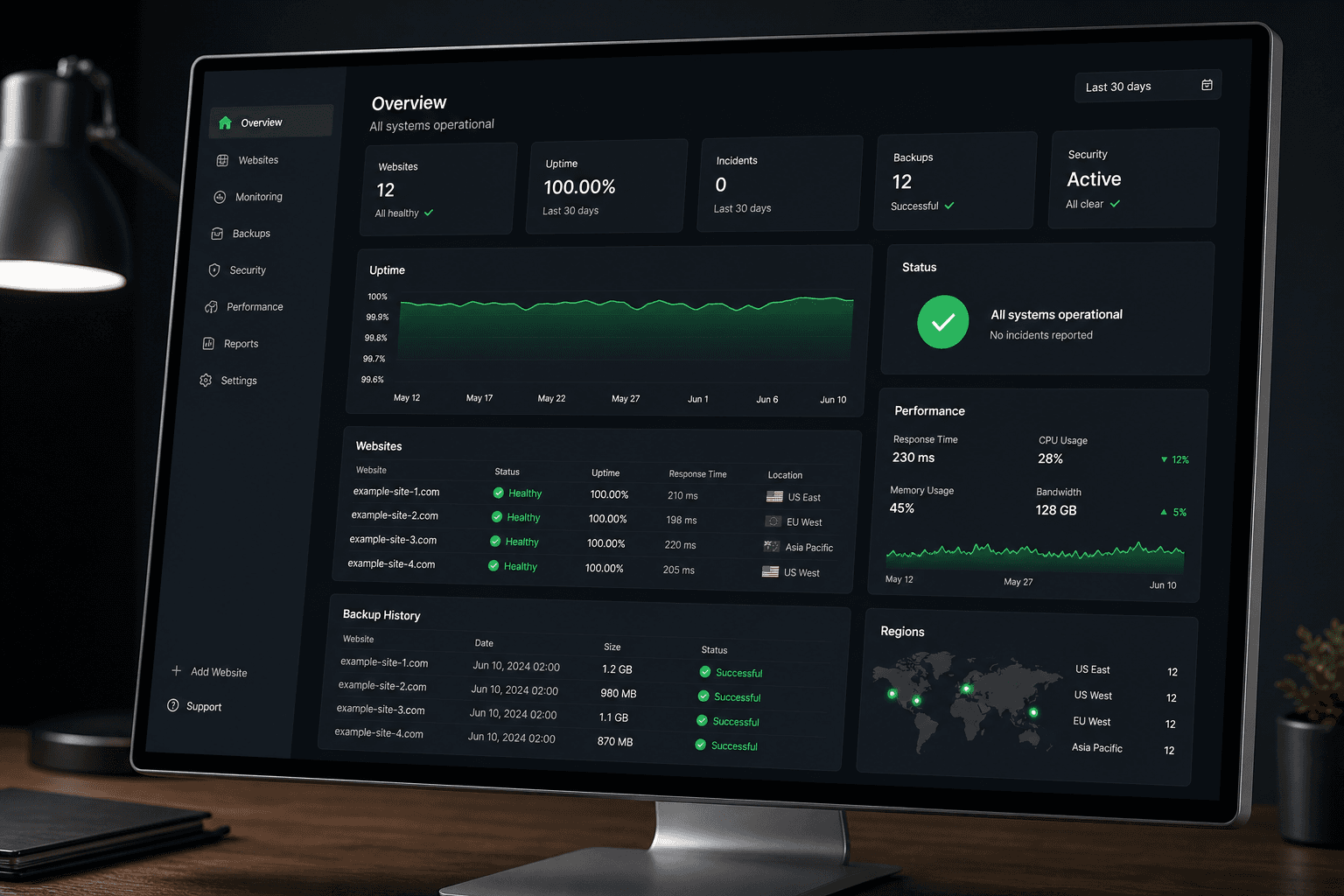 A managed website hosting and uptime monitoring dashboard