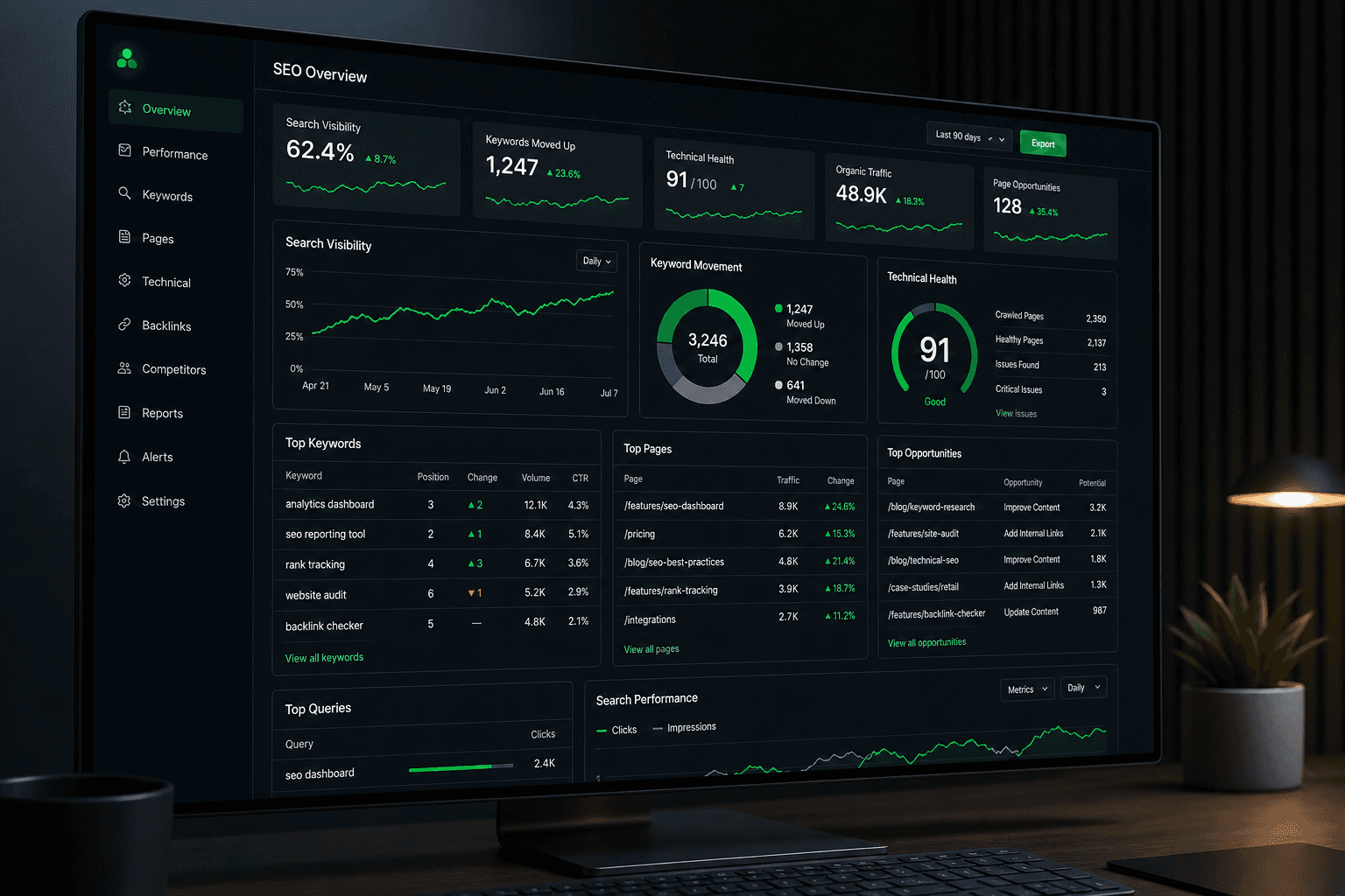 A search visibility and SEO performance dashboard
