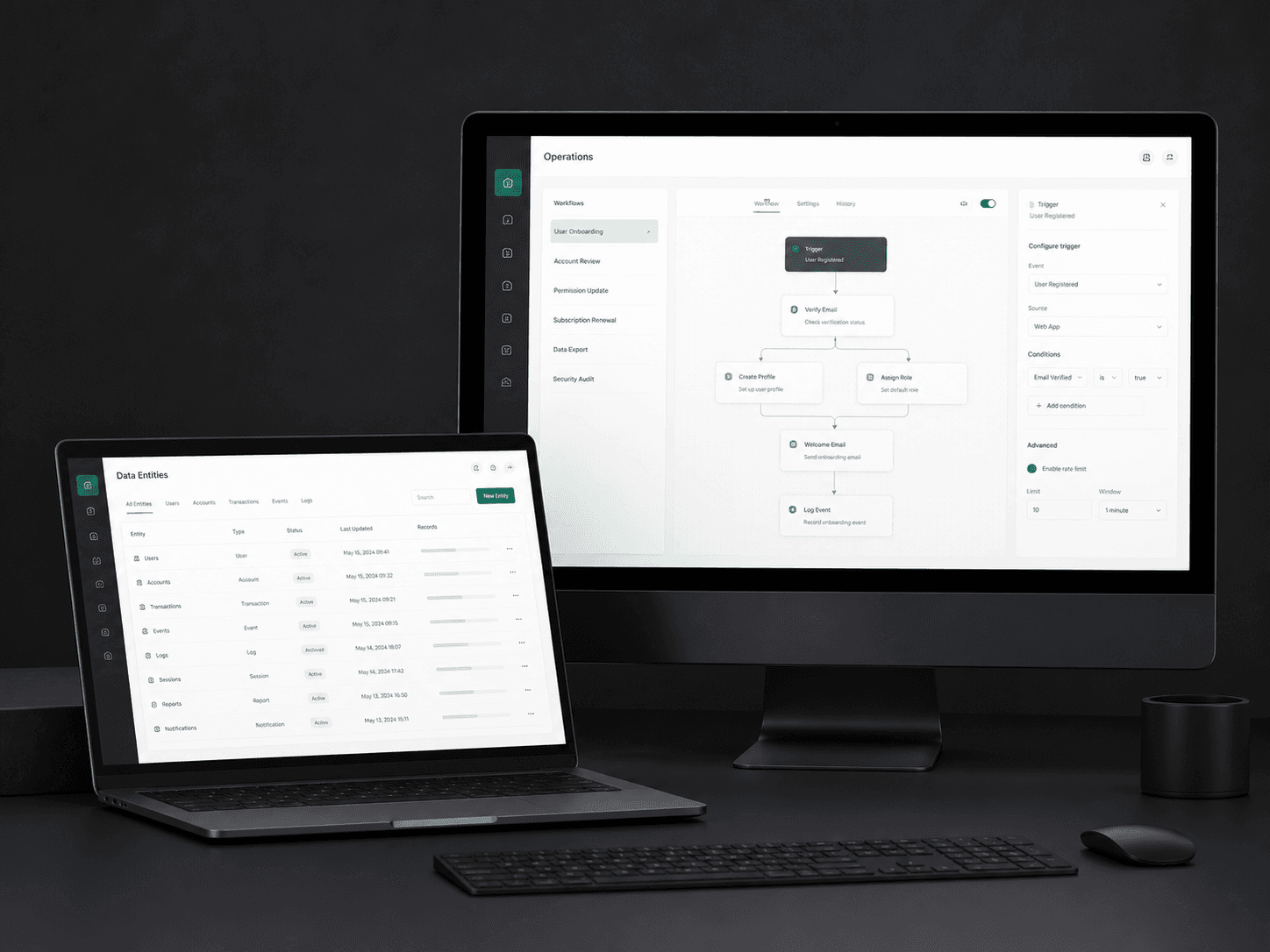 A custom operations web application shown across desktop and laptop screens